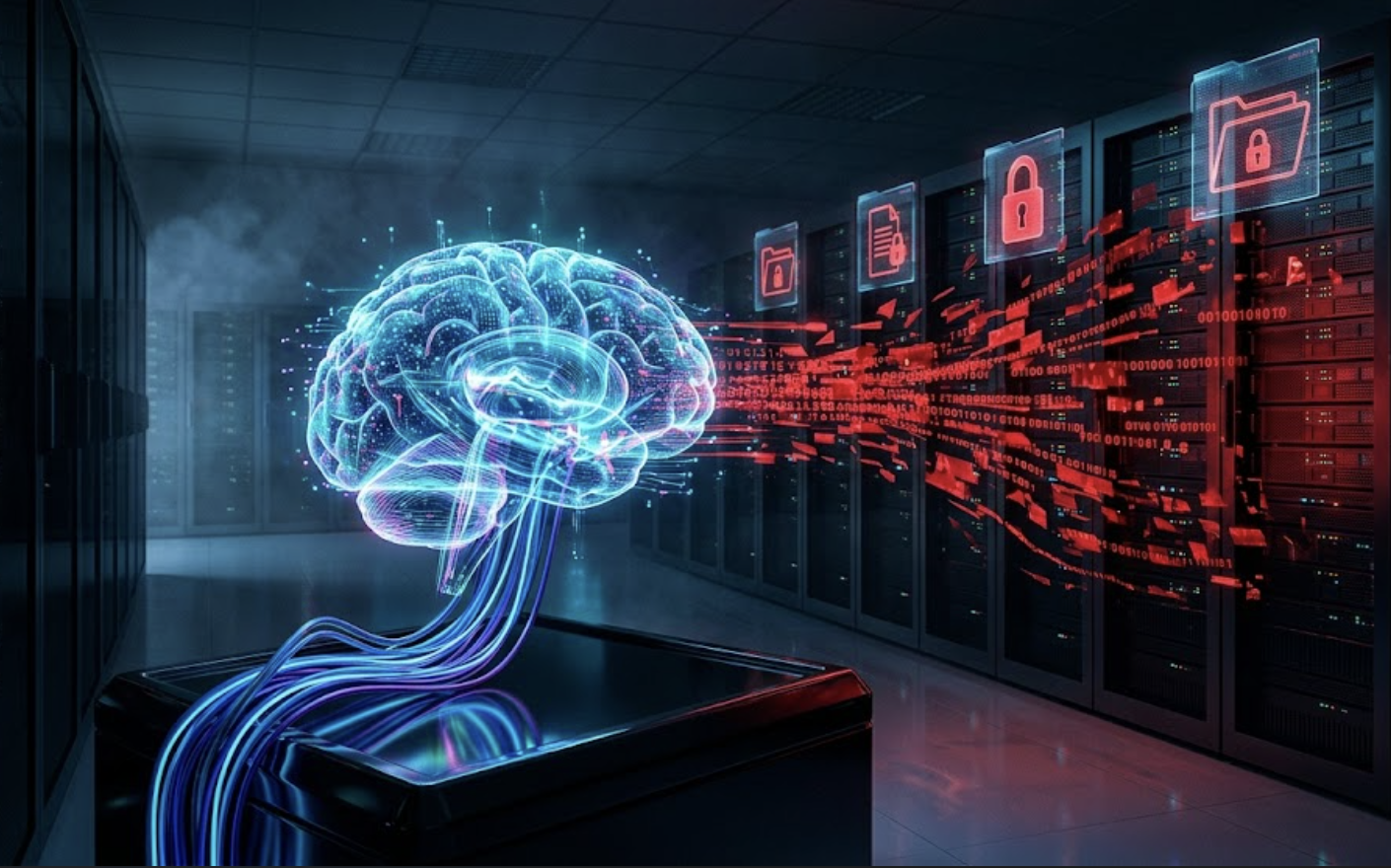 Ransomware automatizado por IA ejecutando un ataque en un centro de datos